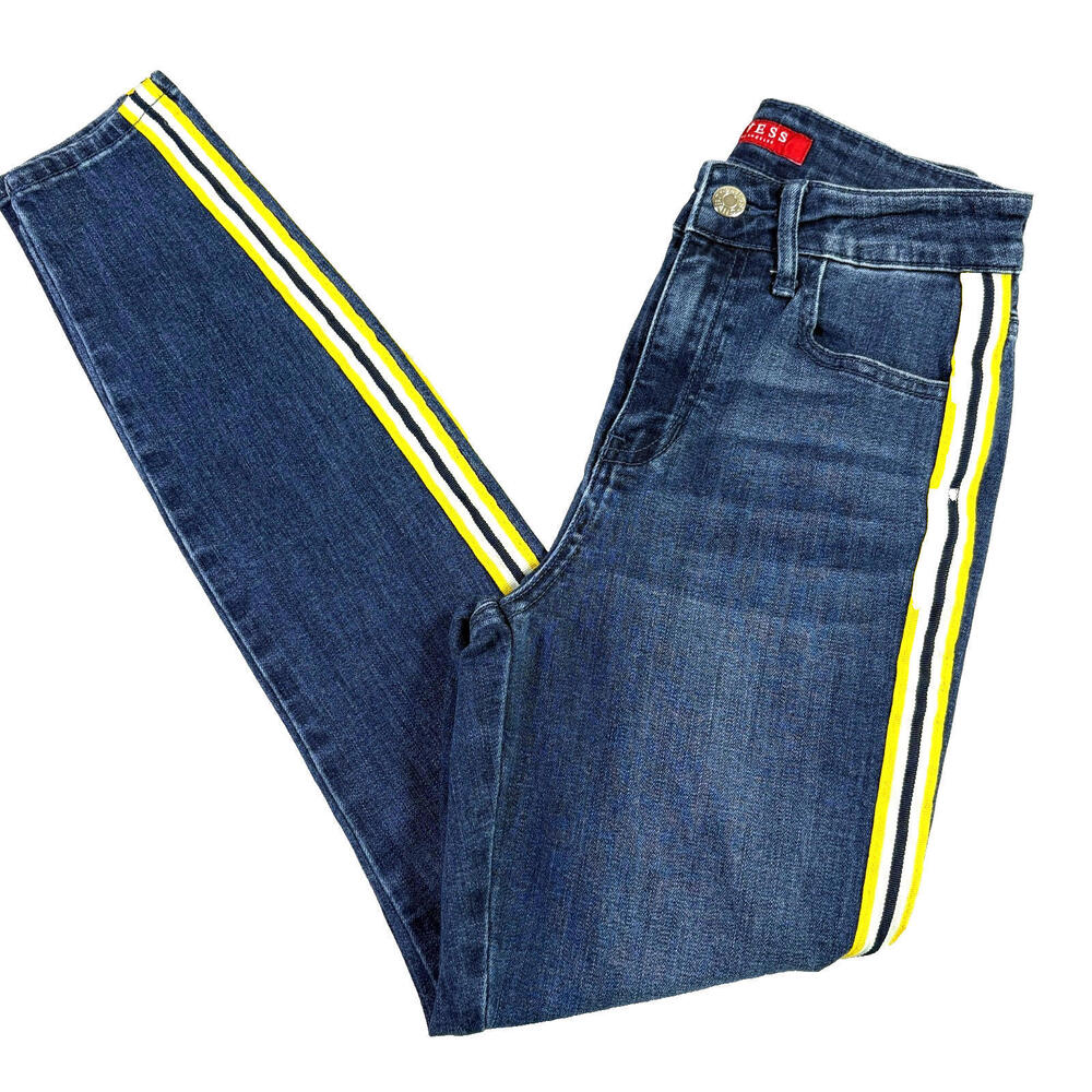 Guess Womens Jeans 24 Blue Yellow Stripe Side Tape Slim Fit Denim Y2K Vintage